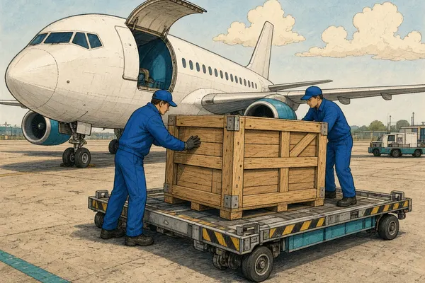 Illustration of handlers loading an aircraft parts crate beside a parked aircraft