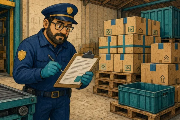 Illustration of a customs officer checking documents beside cargo