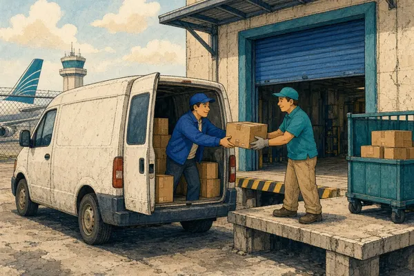 Illustration of a van delivering parcels to a cargo terminal loading dock