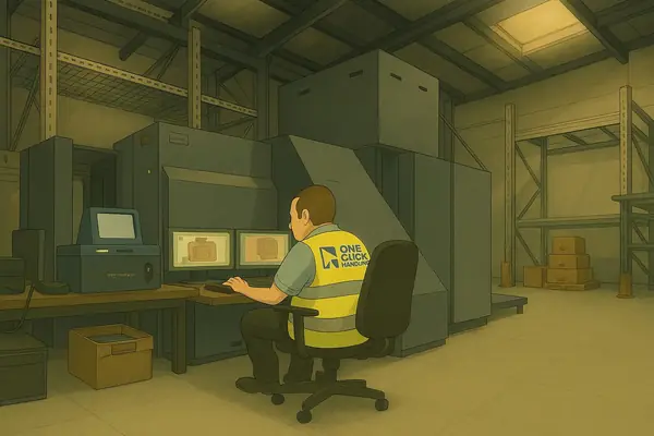Illustration of a screener at an X-ray screening machine in a cargo facility